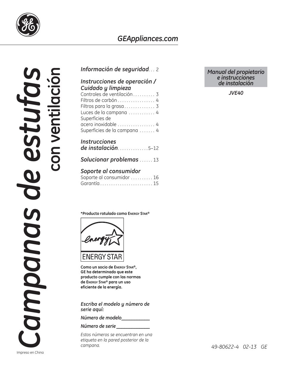 Campana s de estufa s, Con ventilación | GE JVE40DTBB User Manual | Page 17 / 32