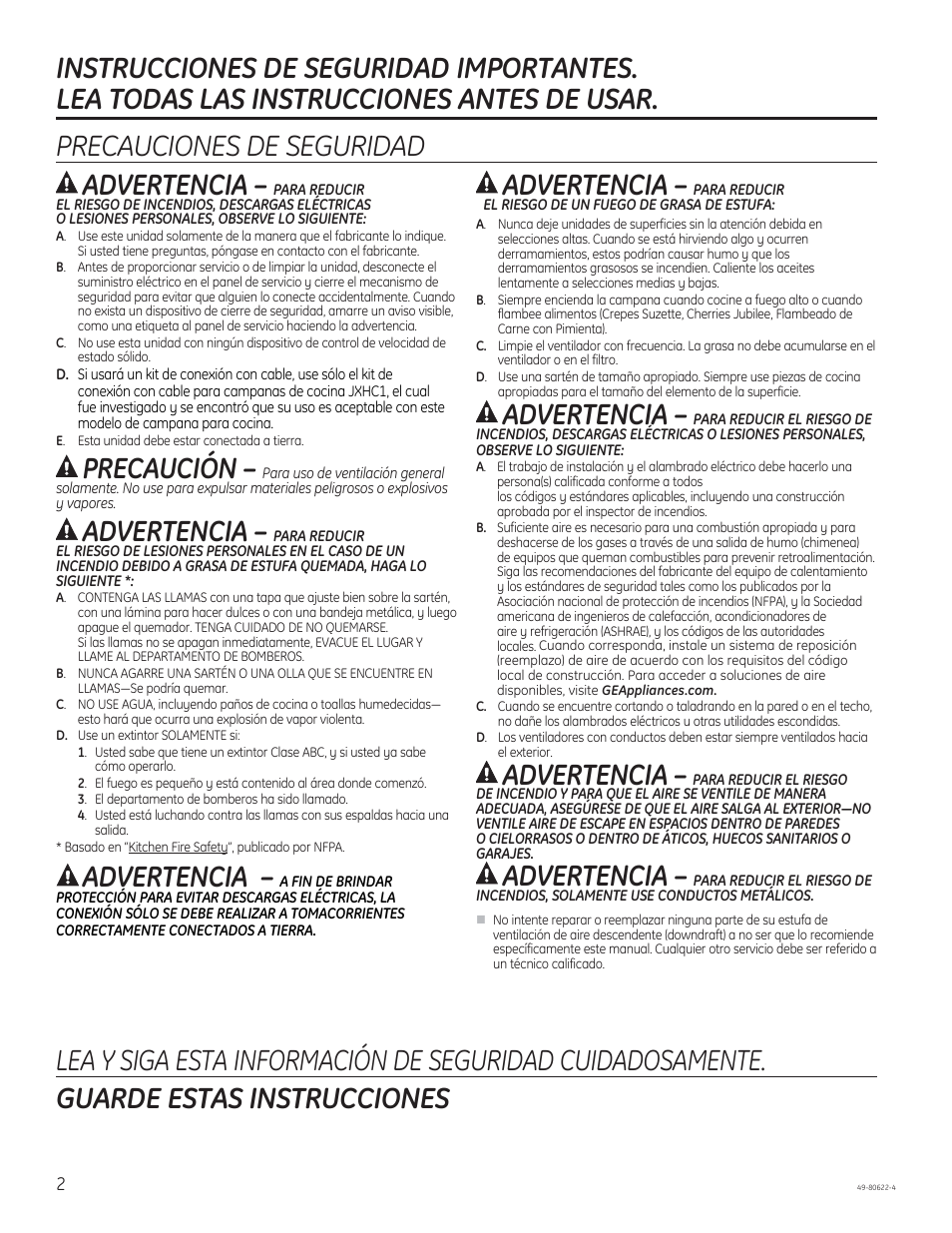 Precaución, Advertencia | GE JVE40DTBB User Manual | Page 18 / 32