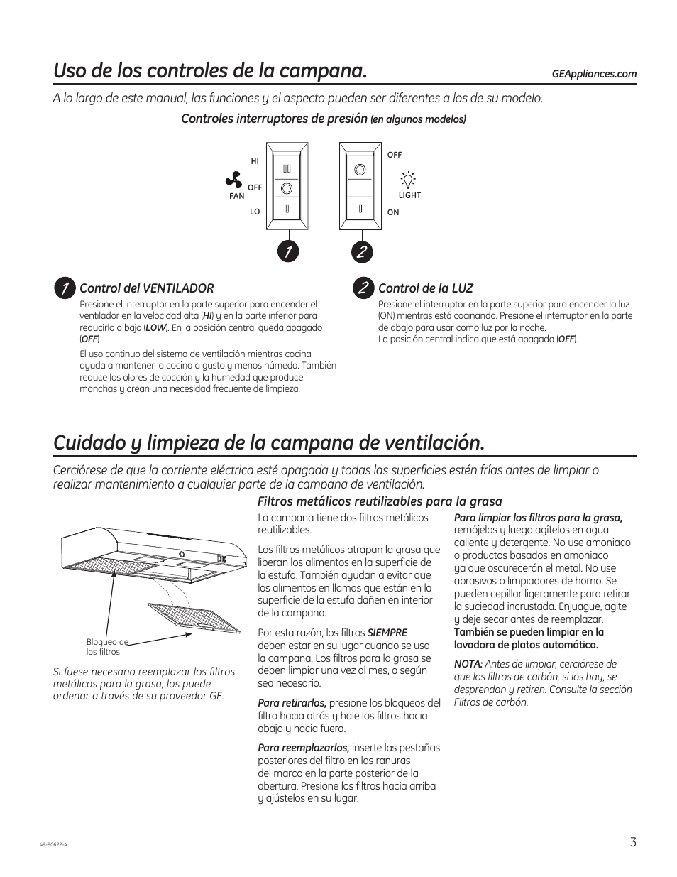 Uso de los controles de la campana, Cuidado y limpieza de la campana de ventilación | GE JVE40DTBB User Manual | Page 19 / 32