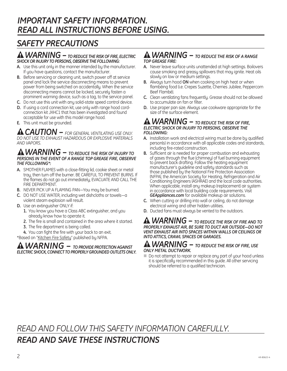 Caution, Warning | GE JVE40DTBB User Manual | Page 2 / 32
