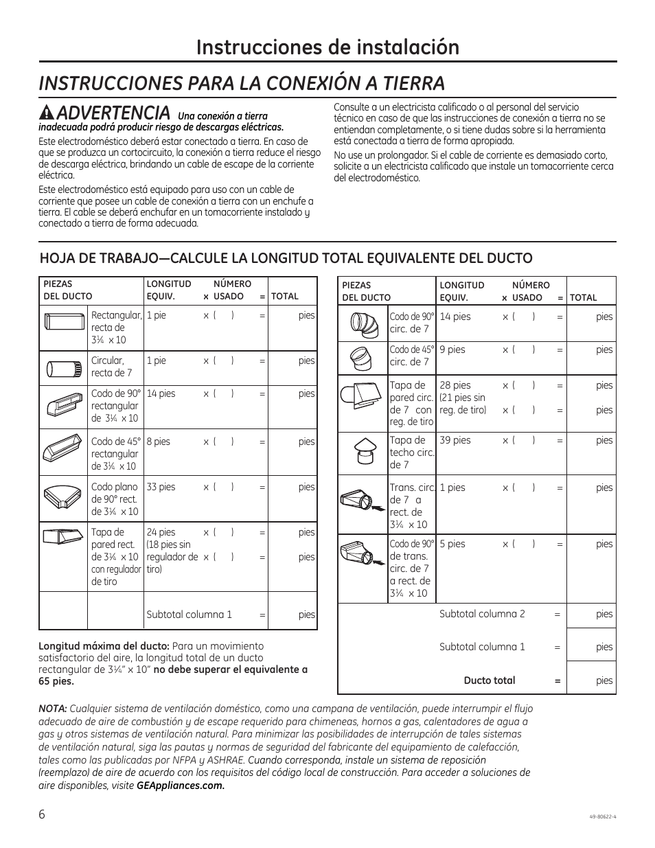 Instrucciones de instalación, Advertencia, Instrucciones para la conexión a tierra | GE JVE40DTBB User Manual | Page 22 / 32