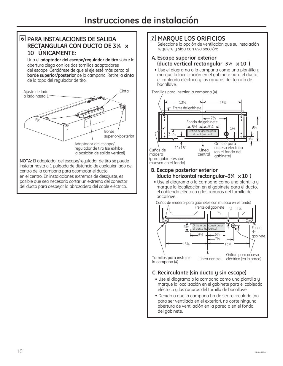 Instrucciones de instalación, X 10” únicamente, Marque los orificios | X 10, C. recirculante (sin ducto y sin escape) | GE JVE40DTBB User Manual | Page 26 / 32