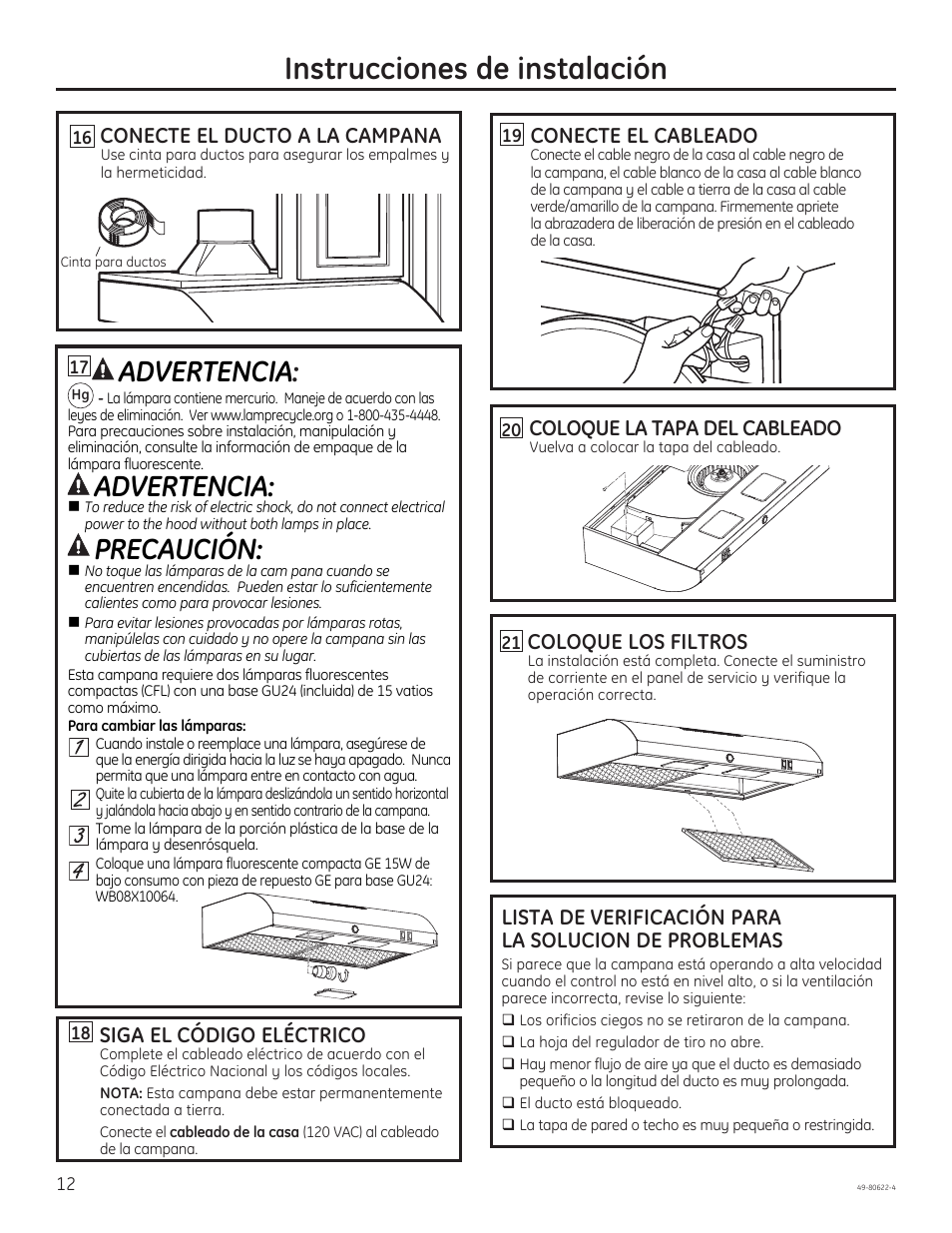 Instrucciones de instalación, Advertencia, Precaución | Siga el código eléctrico, Conecte el ducto a la campana, Coloque la tapa del cableado, Conecte el cableado, Coloque los filtros | GE JVE40DTBB User Manual | Page 28 / 32