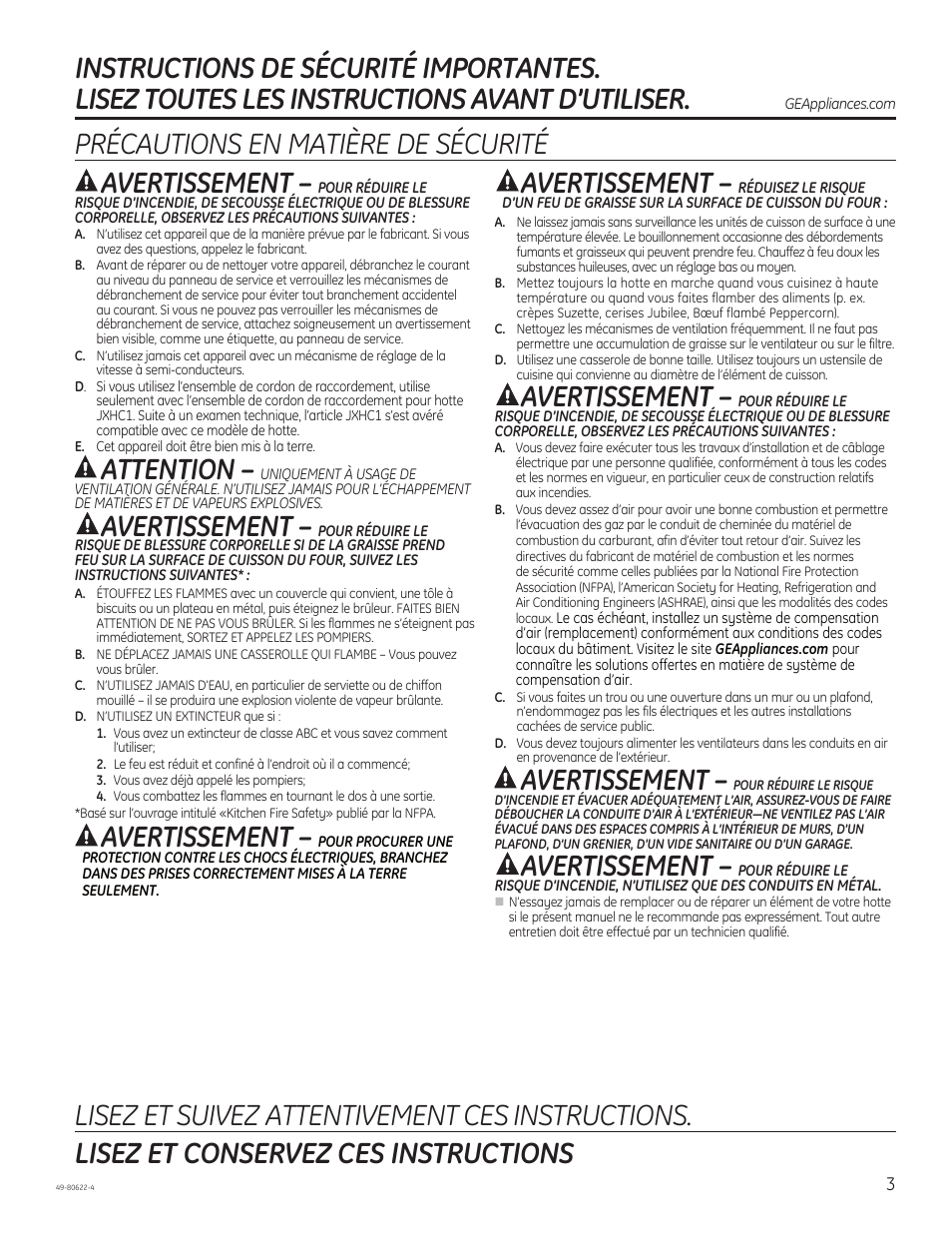 Précautions en matière de sécurité avertissement, Attention, Avertissement | GE JVE40DTBB User Manual | Page 3 / 32