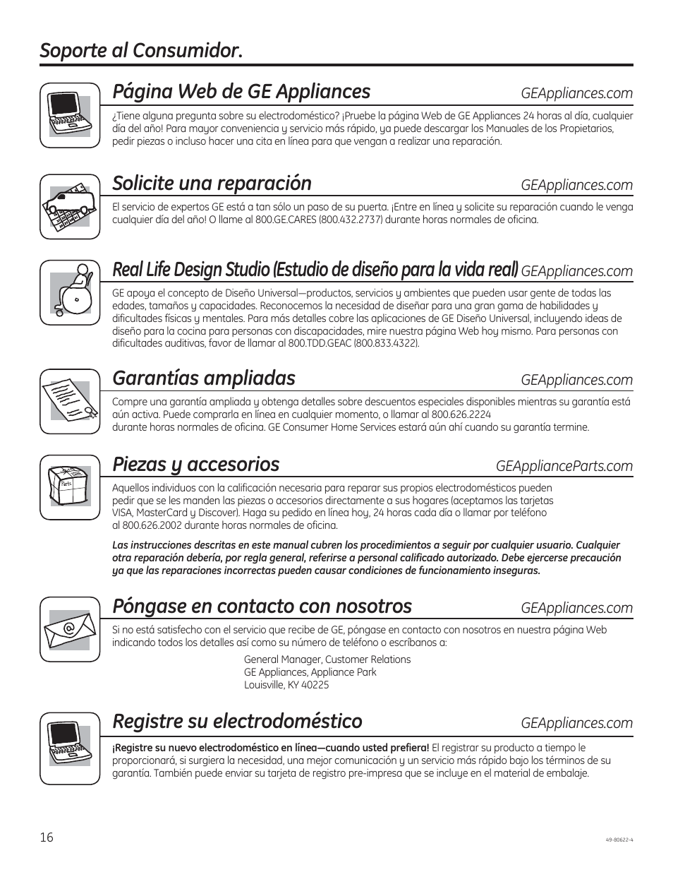 Garantías ampliadas, Registre su electrodoméstico, Página web de ge appliances | Solicite una reparación, Piezas y accesorios, Póngase en contacto con nosotros | GE JVE40DTBB User Manual | Page 32 / 32