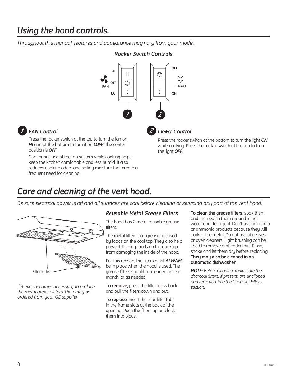 Using the hood controls, Care and cleaning of the vent hood | GE JVE40DTBB User Manual | Page 4 / 32
