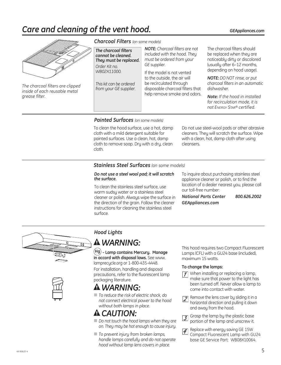 Warning, Caution, Care and cleaning of the vent hood | GE JVE40DTBB User Manual | Page 5 / 32