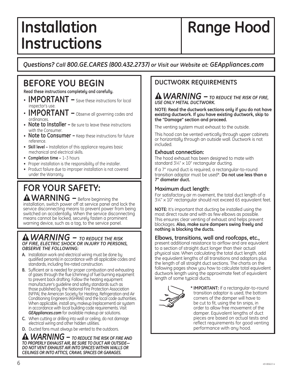 Installation range hood, Instructions, Before you begin | For your safety, Important, Warning, Ductwork requirements, Questions | GE JVE40DTBB User Manual | Page 6 / 32