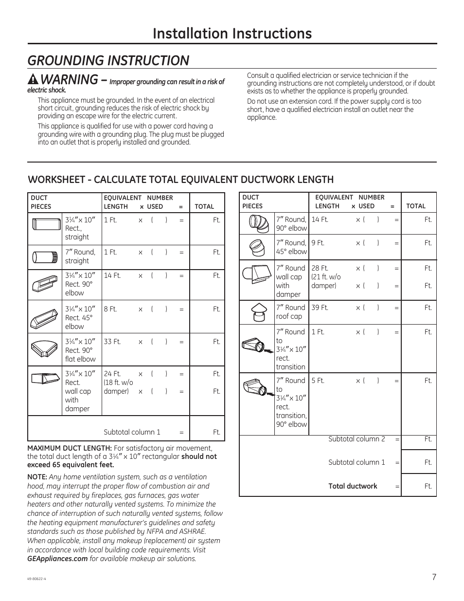 Installation instructions, Grounding instruction warning | GE JVE40DTBB User Manual | Page 7 / 32