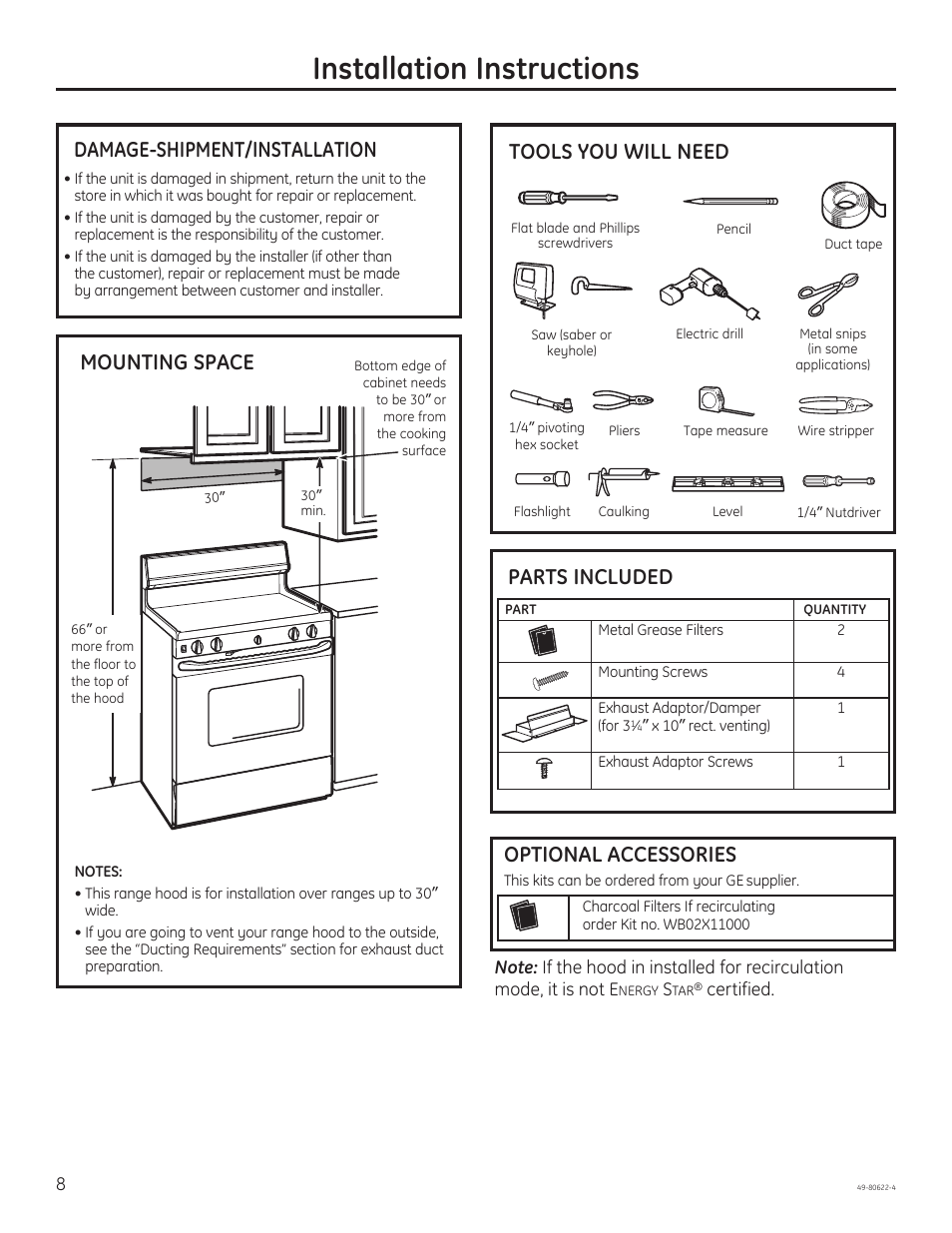 Installation instructions, Optional accessories, Tools you will need | GE JVE40DTBB User Manual | Page 8 / 32