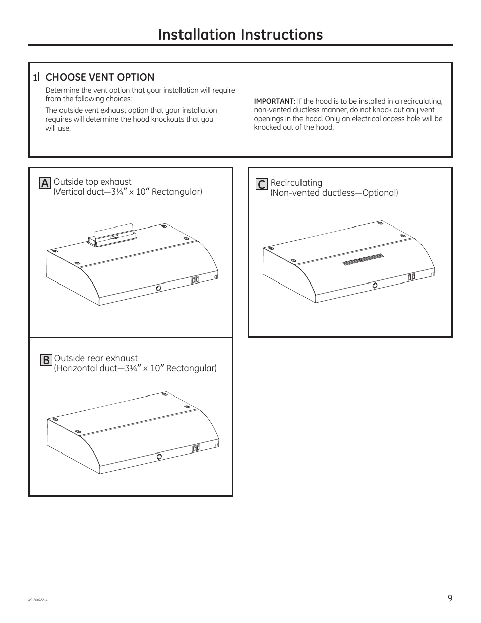 Installation instructions, Choose vent option | GE JVE40DTBB User Manual | Page 9 / 32