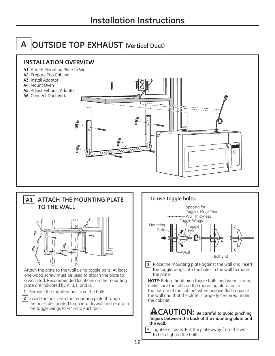 Outside top exhaust, Installation instructions, Caution | Attach the mounting plate to the wall a1 12, Vertical duct), Installation overview | GE PSA9240DFWW User Manual | Page 12 / 48