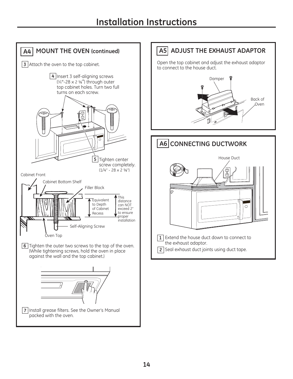 Installation instructions, Connecting ductwork 14, Adjust the exhaust adaptor a5 | Mount the oven, A4 a6 | GE PSA9240DFWW User Manual | Page 14 / 48