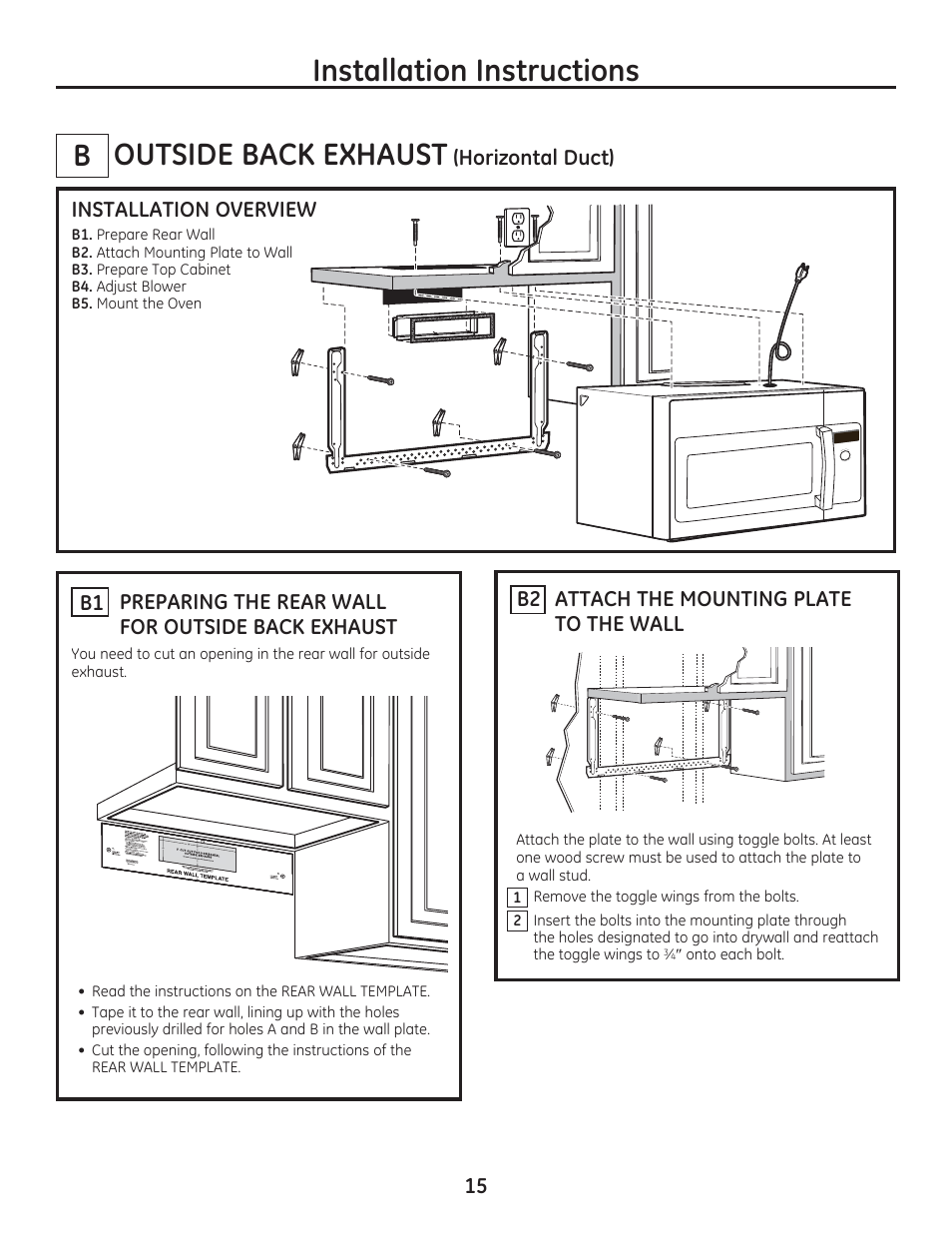 Outside back exhaust, Installation instructions b, Installation overview | 15 attach the mounting plate to the wall b2 | GE PSA9240DFWW User Manual | Page 15 / 48