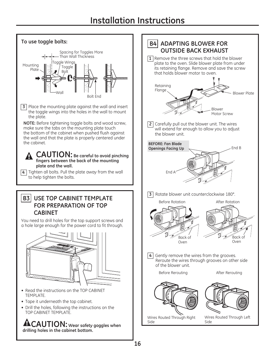 Installation instructions, Caution, Adapting blower for outside back exhaust b4 | GE PSA9240DFWW User Manual | Page 16 / 48