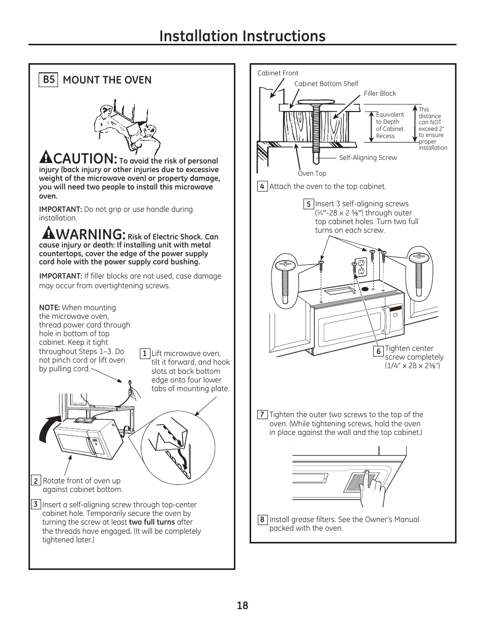 Installation instructions, Caution, Warning | Mount the oven b5 | GE PSA9240DFWW User Manual | Page 18 / 48