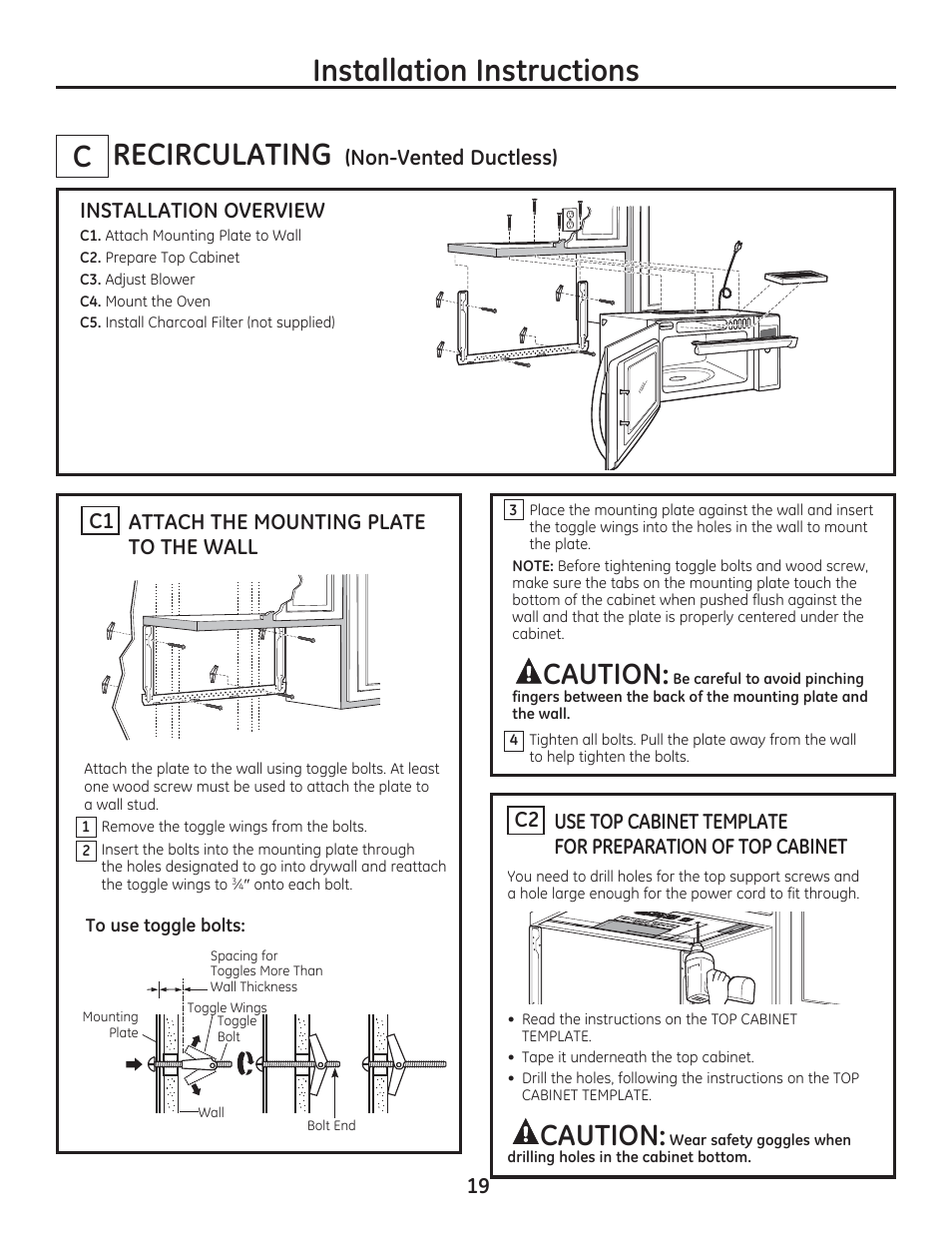 Recirculating, Installation instructions, Caution | Non-vented ductless), Installation overview, Attach the mounting plate to the wall c1 | GE PSA9240DFWW User Manual | Page 19 / 48