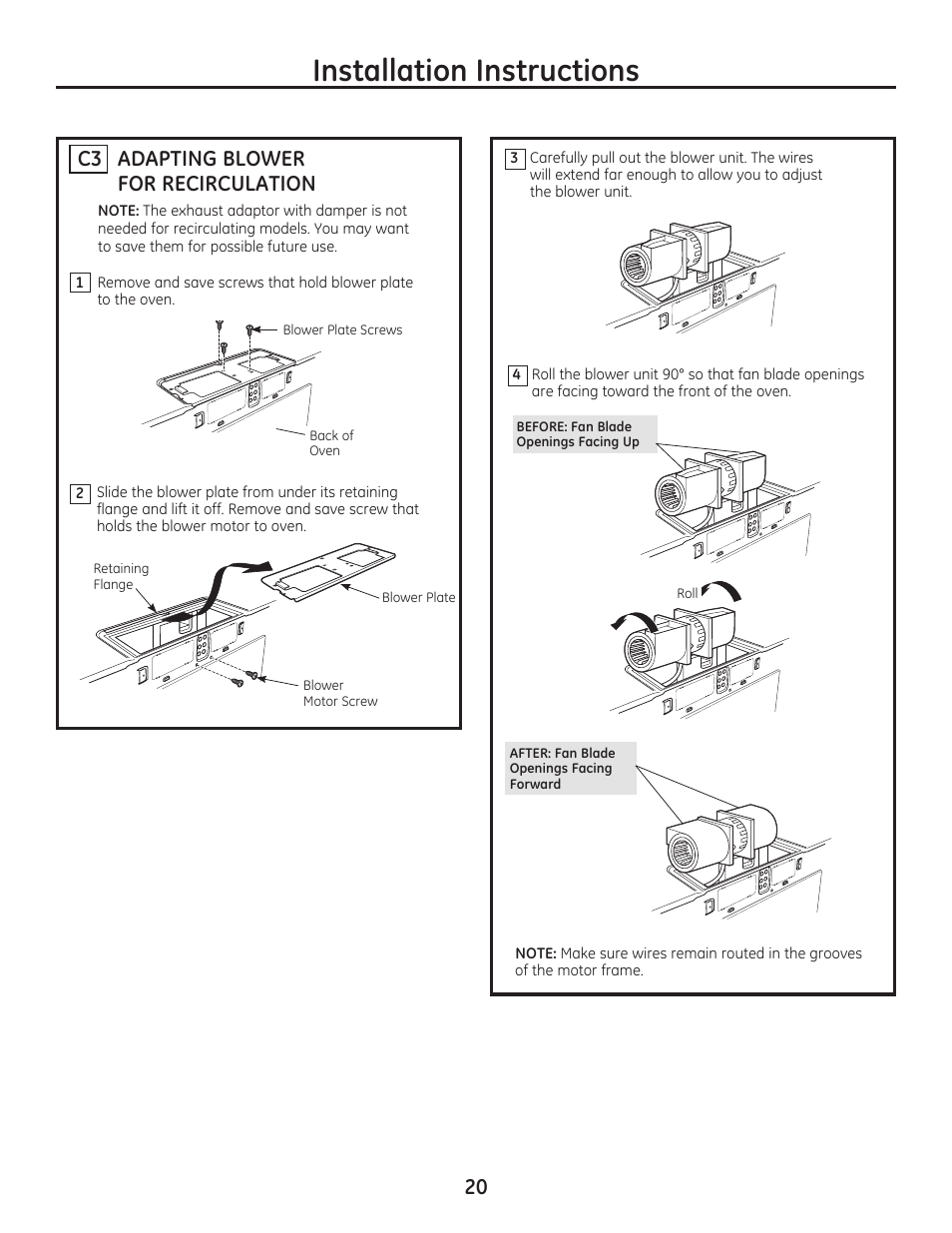 Installation instructions, Adapting blower for recirculation c3 20 | GE PSA9240DFWW User Manual | Page 20 / 48