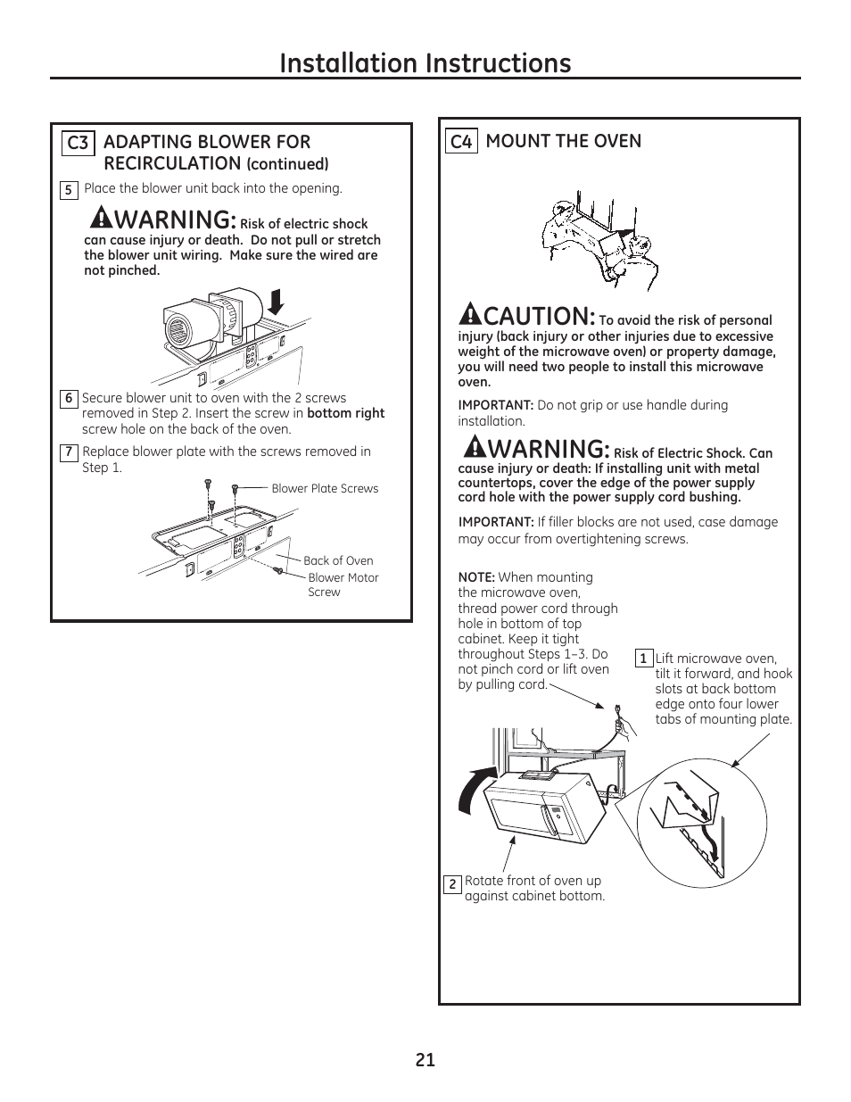 Installation instructions, Warning, Caution | Adapting blower for recirculation, C3 21, Mount the oven | GE PSA9240DFWW User Manual | Page 21 / 48