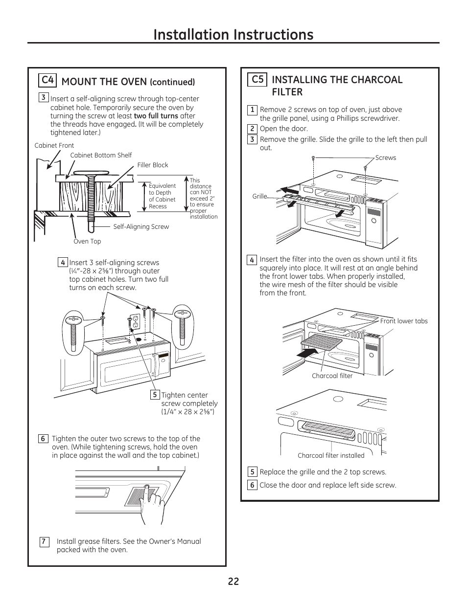 Installation instructions, Installing the charcoal filter c5 mount the oven, C4 22 | GE PSA9240DFWW User Manual | Page 22 / 48