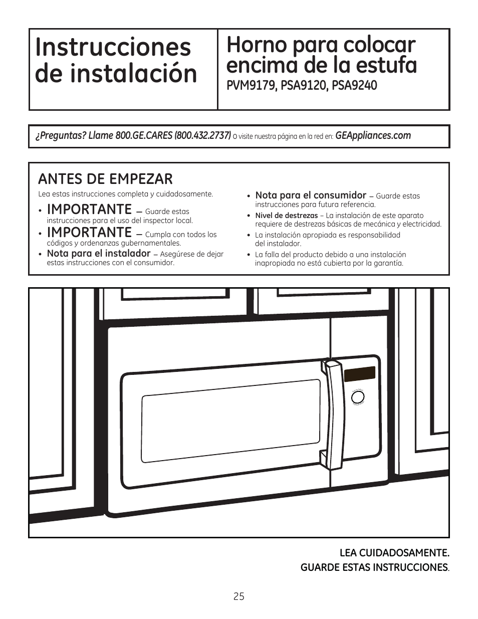 Instrucciones de instalación, Horno para colocar encima de la estufa, Antes de empezar | Importante | GE PSA9240DFWW User Manual | Page 25 / 48