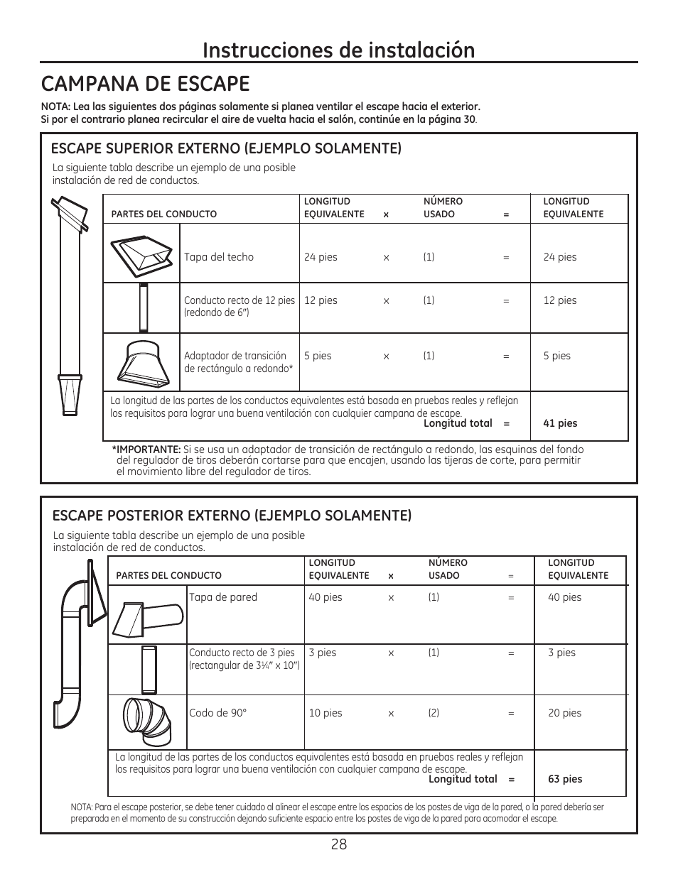 Campana de escape, Instrucciones de instalación, Escape superior externo (ejemplo solamente) | Escape posterior externo (ejemplo solamente) | GE PSA9240DFWW User Manual | Page 28 / 48