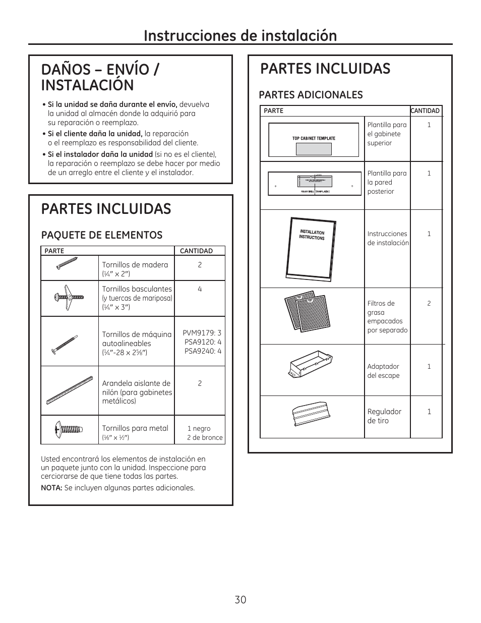 Partes incluidas, Paquete de elementos, Partes adicionales | GE PSA9240DFWW User Manual | Page 30 / 48