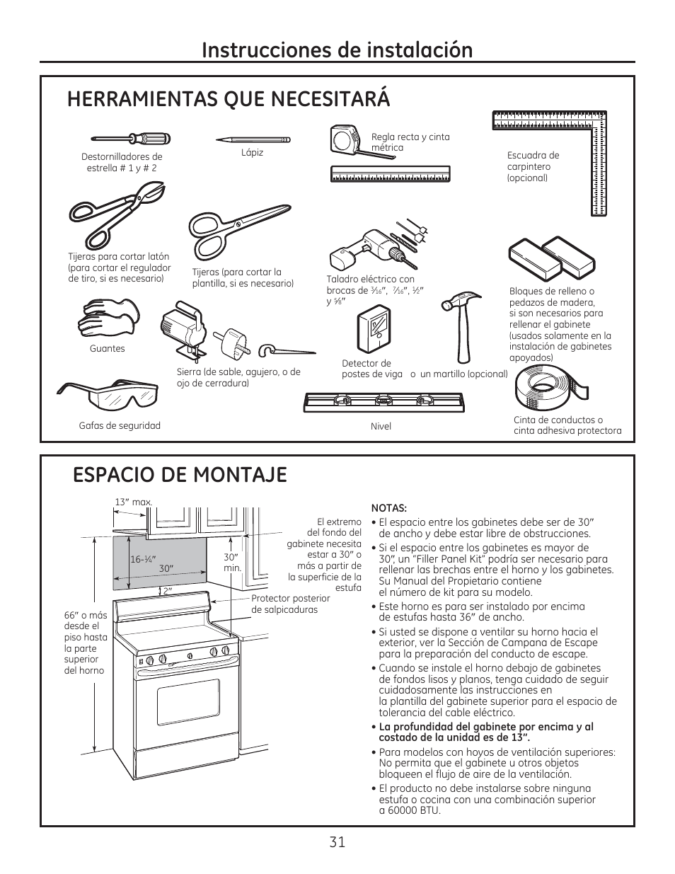 Herramientas que necesitará, Espacio de montaje, Instrucciones de instalación | GE PSA9240DFWW User Manual | Page 31 / 48