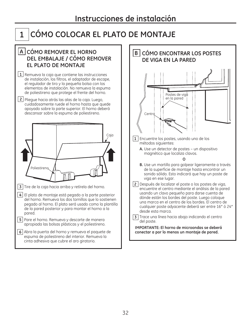 Cómo colocar el plato de montaje 1, Instrucciones de instalación | GE PSA9240DFWW User Manual | Page 32 / 48