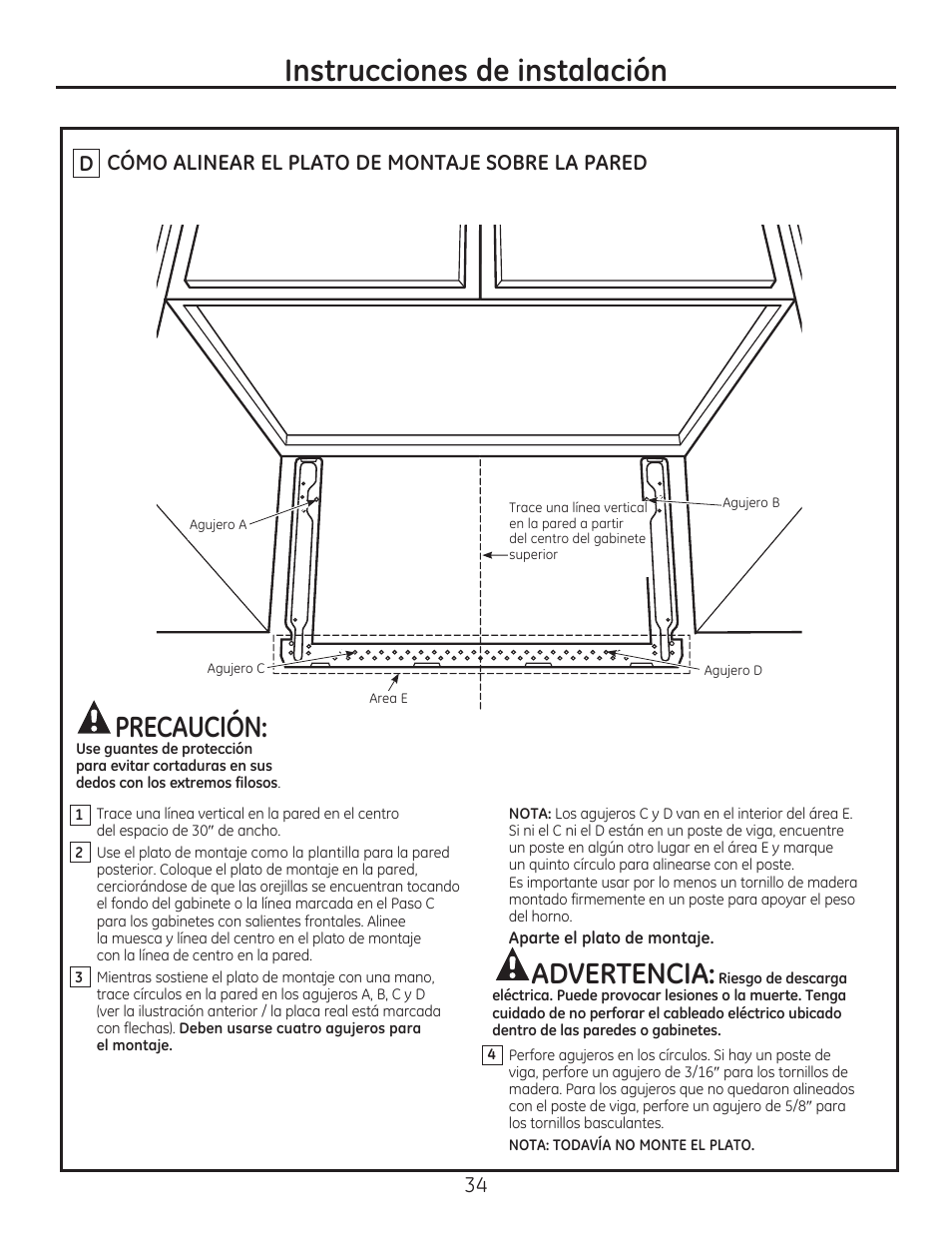 Instrucciones de instalación, Advertencia, Precaución | 34 cómo alinear el plato de montaje sobre la pared | GE PSA9240DFWW User Manual | Page 34 / 48