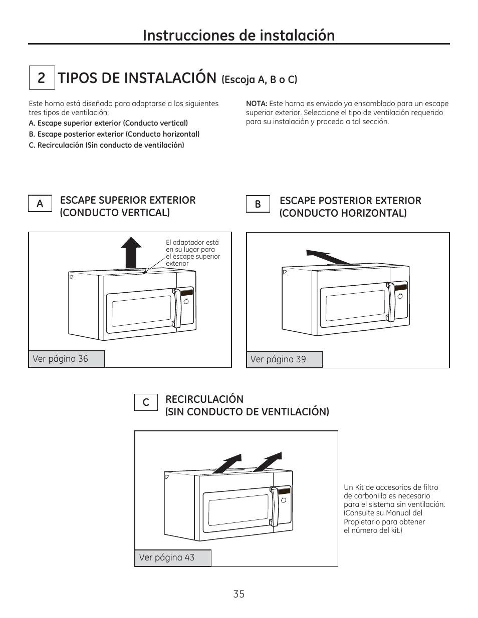 Tipos de instalación, Instrucciones de instalación 2 | GE PSA9240DFWW User Manual | Page 35 / 48