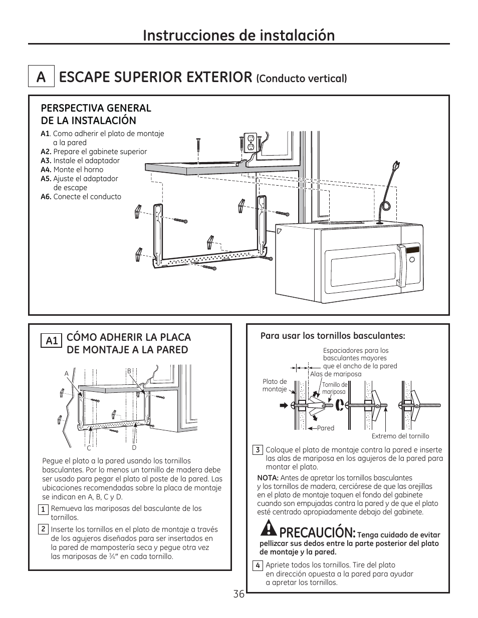 Escape superior exterior, Instrucciones de instalación, Precaución | Cómo adherir la placa de montaje a la pared a1 36, Conducto vertical), Perspectiva general de la instalación | GE PSA9240DFWW User Manual | Page 36 / 48