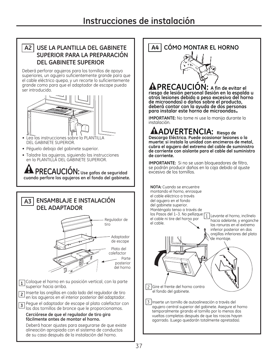 Instrucciones de instalación, Precaución, Advertencia | Ensamblaje e instalación del adaptador a3, Cómo montar el horno a4 | GE PSA9240DFWW User Manual | Page 37 / 48