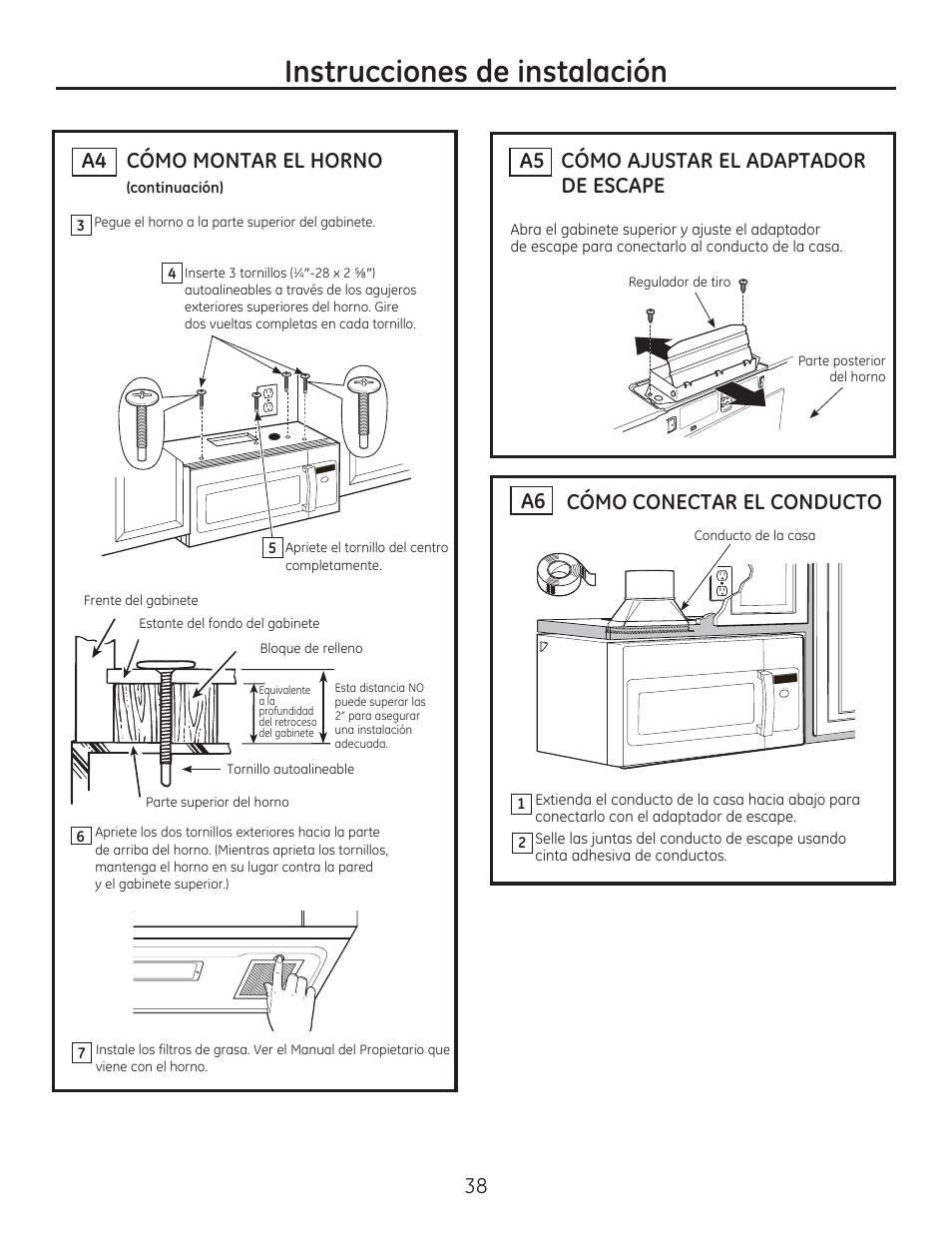 Instrucciones de instalación, Cómo ajustar el adaptador de escape a5, Cómo conectar el conducto | Cómo montar el horno | GE PSA9240DFWW User Manual | Page 38 / 48