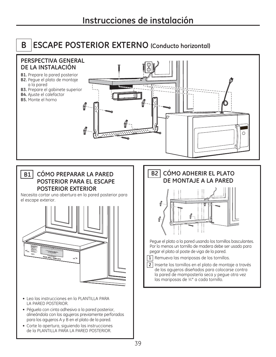 Escape posterior externo, Instrucciones de instalación b, Perspectiva general de la instalación | 39 cómo adherir el plato de montaje a la pared b2 | GE PSA9240DFWW User Manual | Page 39 / 48