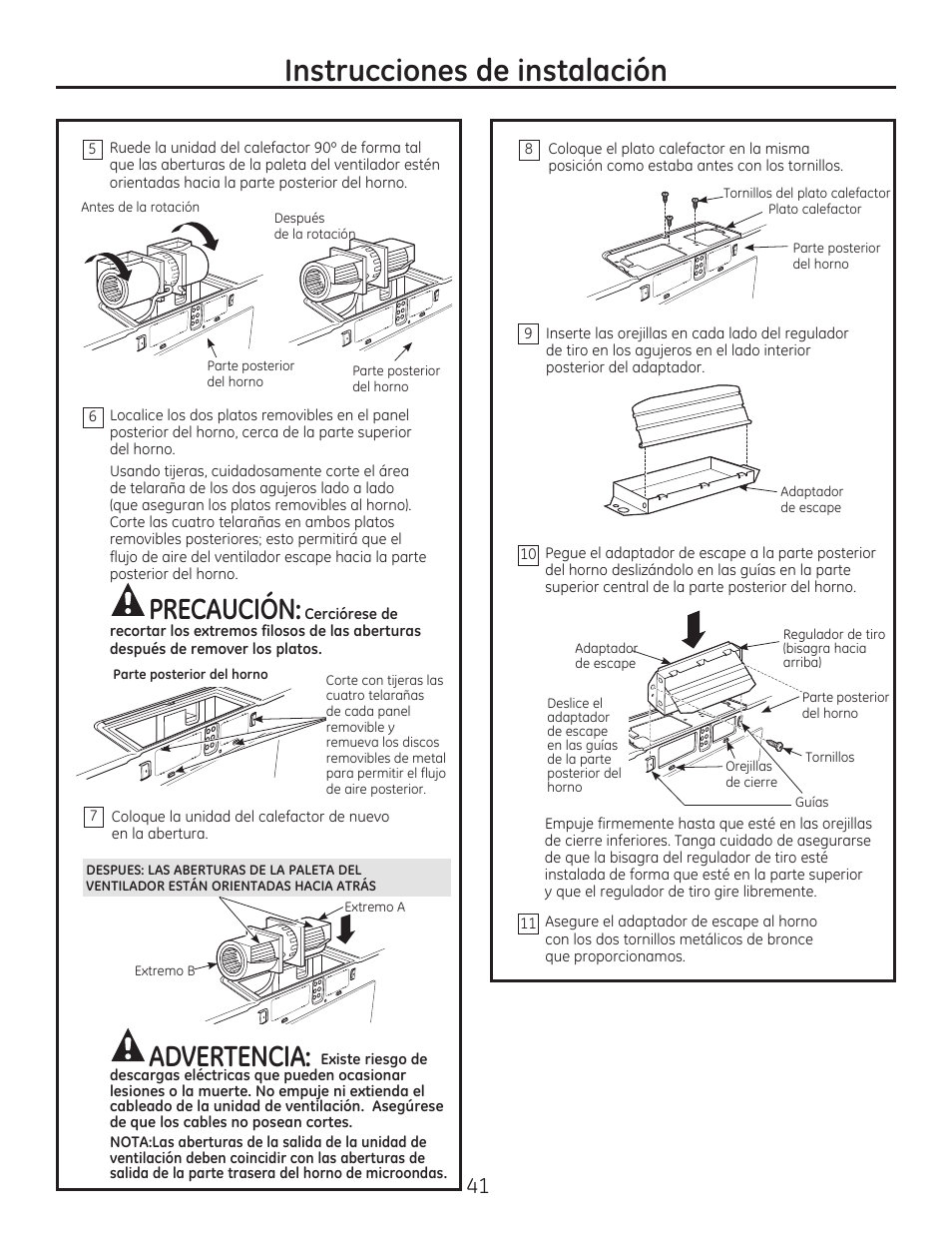 Instrucciones de instalación, Precaución, Advertencia | GE PSA9240DFWW User Manual | Page 41 / 48