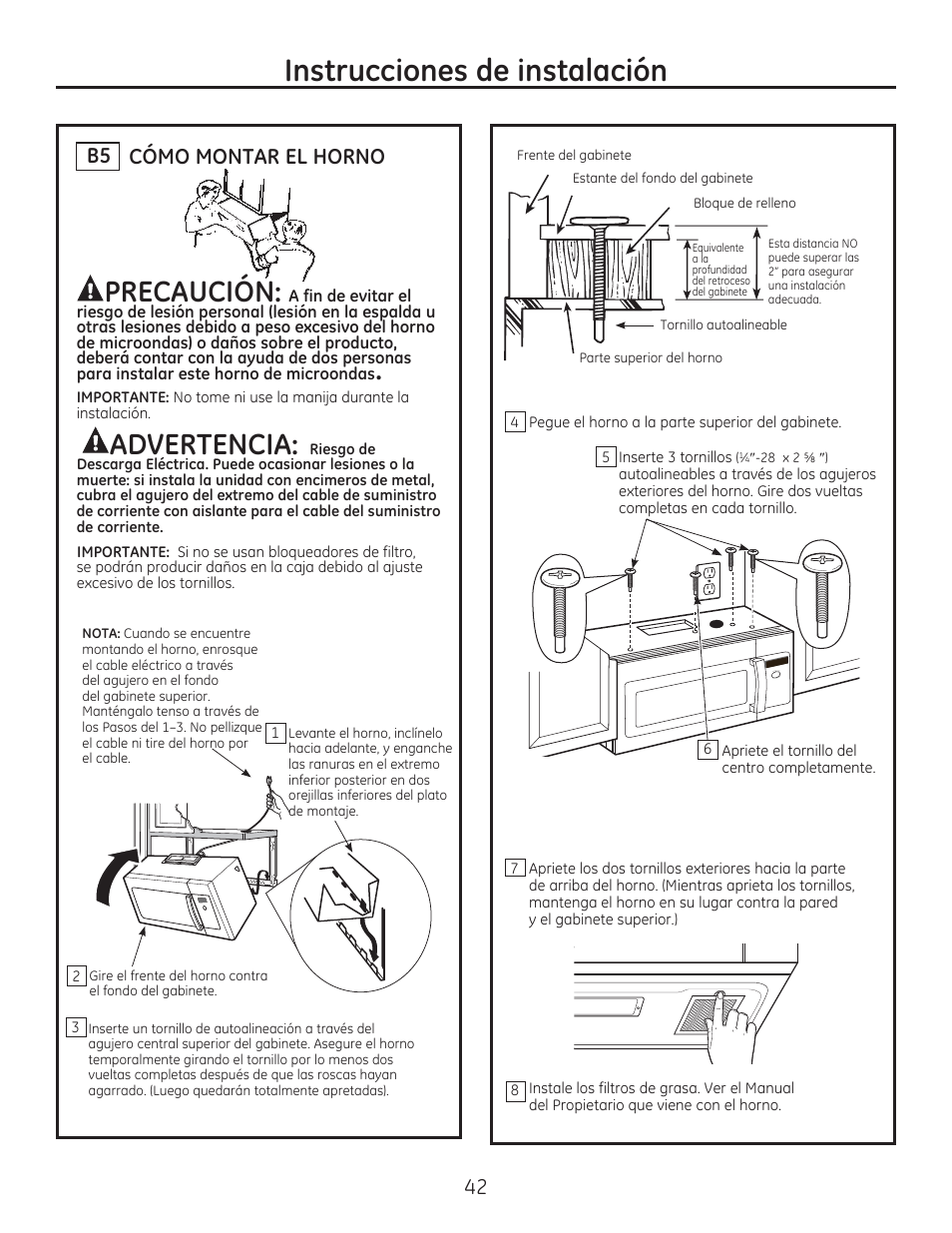 Instrucciones de instalación, Precaución, Advertencia | Cómo montar el horno b5 | GE PSA9240DFWW User Manual | Page 42 / 48