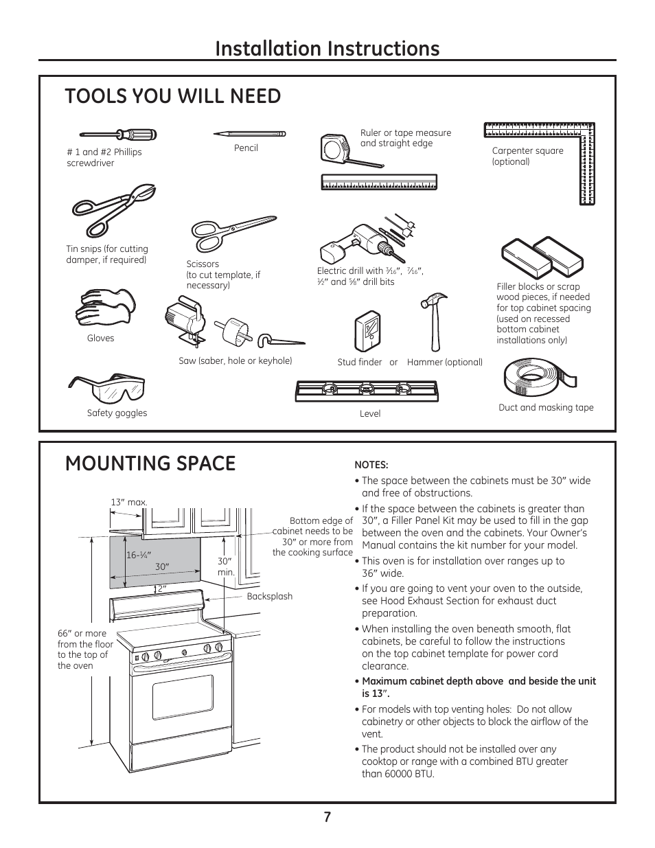 Tools you will need, Mounting space, Installation instructions | GE PSA9240DFWW User Manual | Page 7 / 48