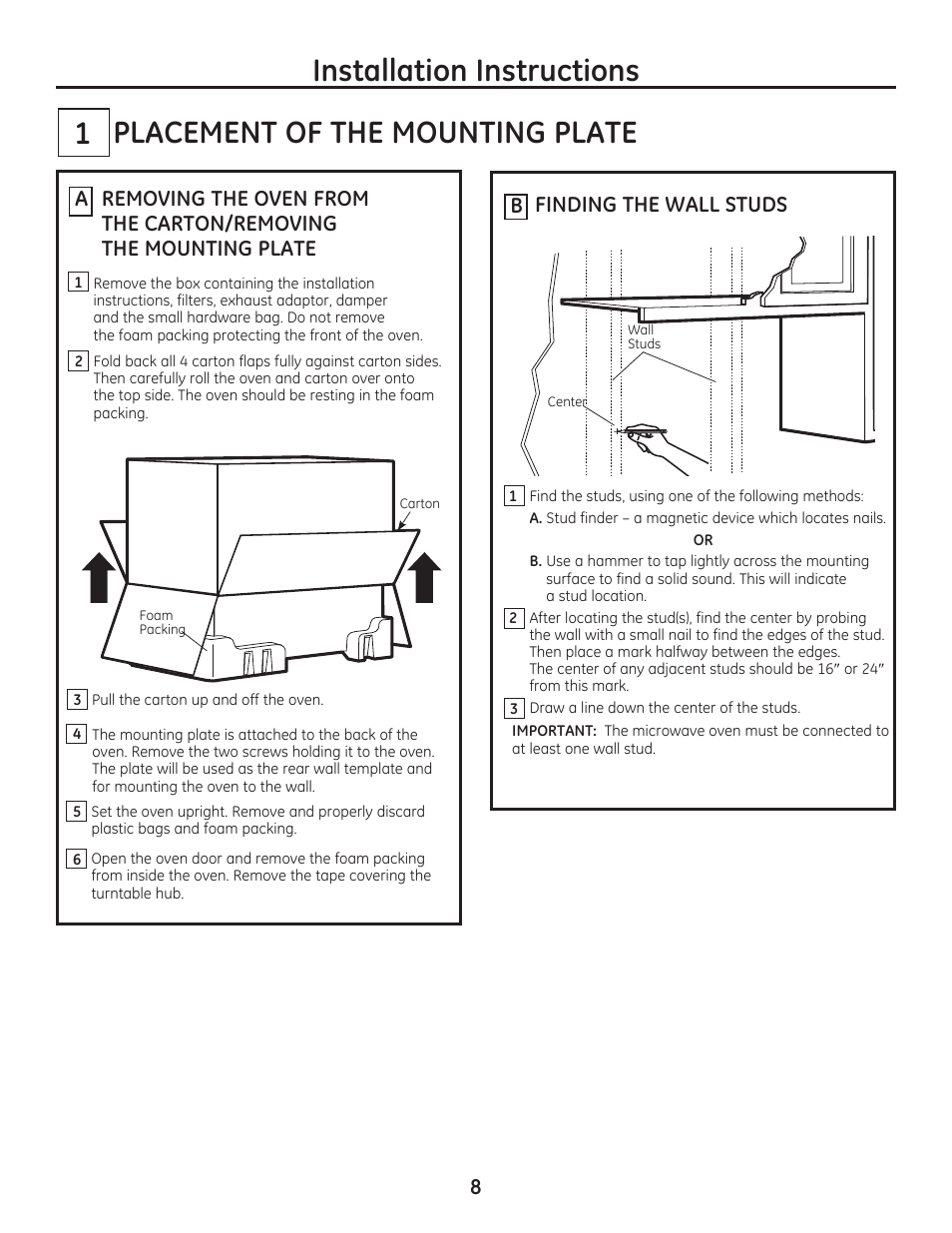 Placement of the mounting plate 1, Installation instructions | GE PSA9240DFWW User Manual | Page 8 / 48