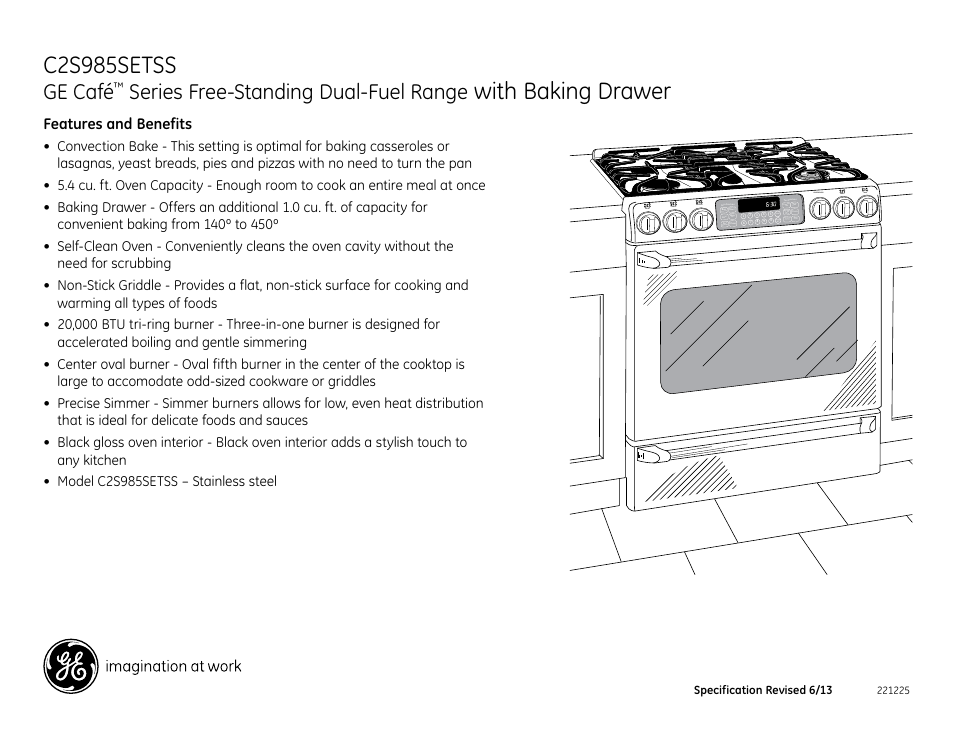 C2s985setss, With baking drawer, Ge café | Series free-standing dual-fuel range, Features and benefits | GE C2S985SETSS User Manual | Page 2 / 2