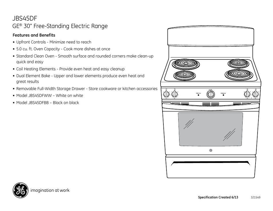 Jbs45df, 30" free-standing electric range | GE JBS45DFBB User Manual | Page 2 / 2