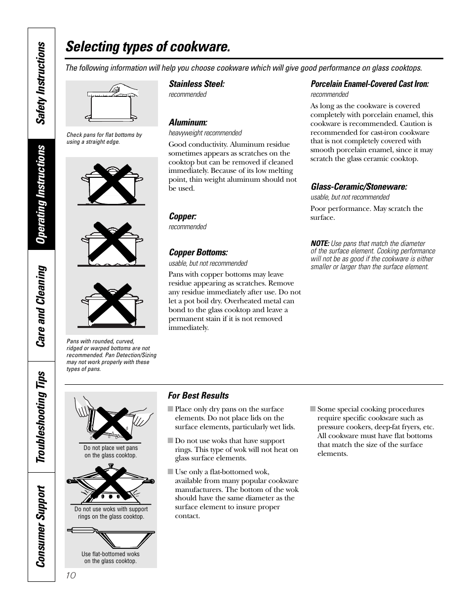 Cookware tips, Cookware tips , 11, Selecting types of cookware | GE PP945SMSS User Manual | Page 10 / 40