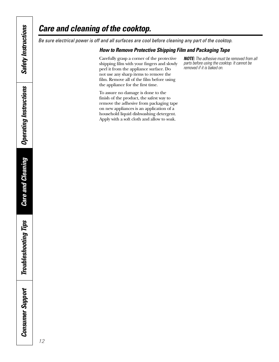 Packaging tape, Care and cleaning of the cooktop | GE PP945SMSS User Manual | Page 12 / 40