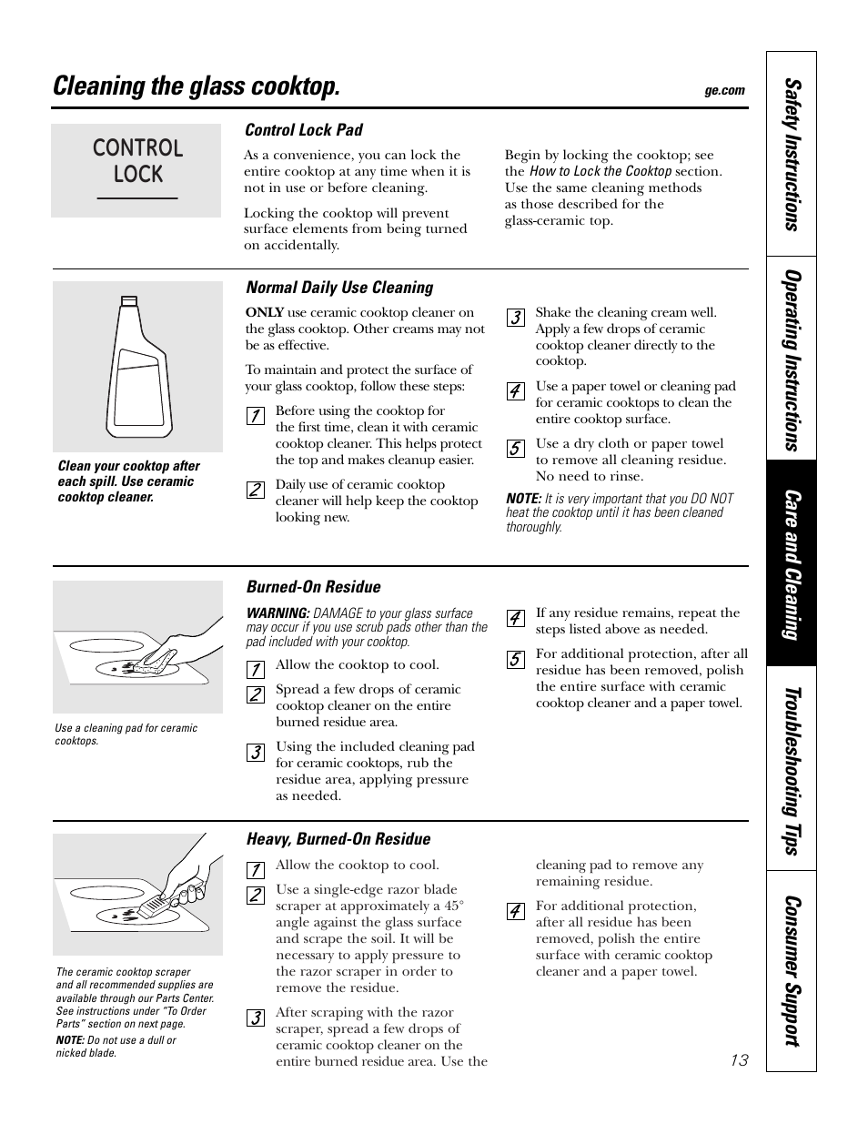Control lock pad, Glass cooktop, Control lock pad glass cooktop , 14 | Cleaning the glass cooktop, Control lock | GE PP945SMSS User Manual | Page 13 / 40