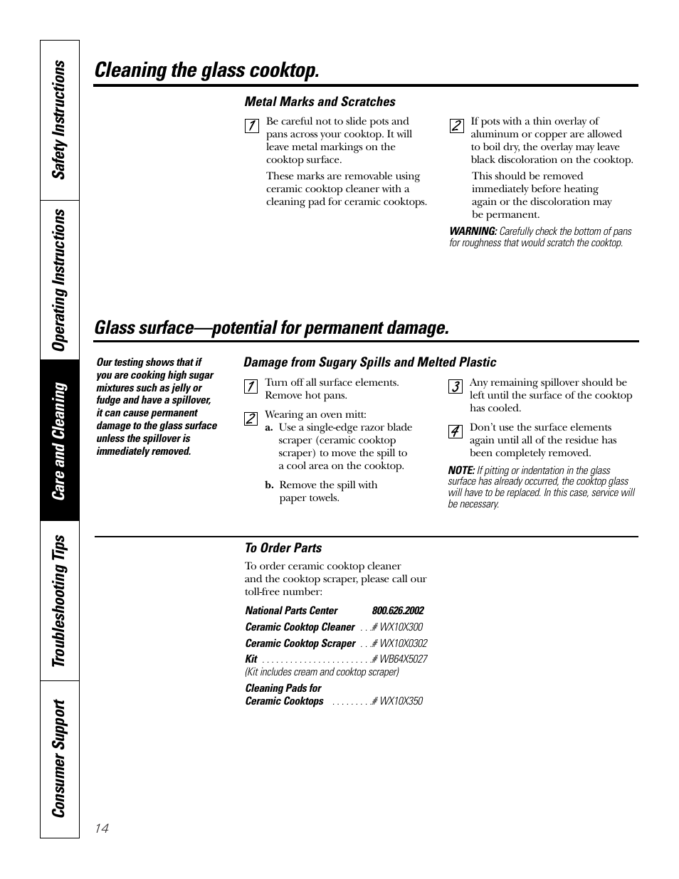 Cleaning the glass cooktop, Glass surface—potential for permanent damage | GE PP945SMSS User Manual | Page 14 / 40