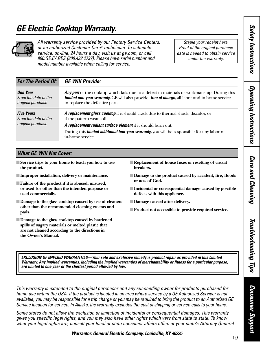 Warranty, Ge electric cooktop warranty | GE PP945SMSS User Manual | Page 19 / 40