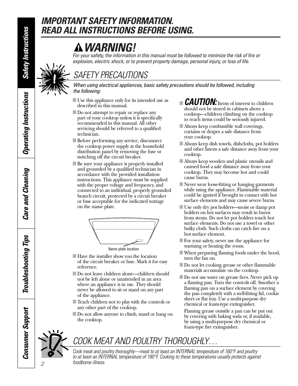 Safety instructions, Warning, Caution | GE PP945SMSS User Manual | Page 2 / 40