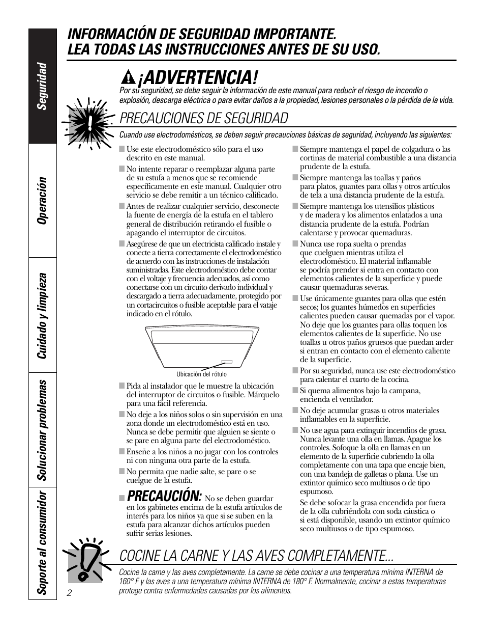 Instrucciones de seguridad, Advertencia, Precaución | Precauciones de seguridad, Cocine la carne y las aves completamente | GE PP945SMSS User Manual | Page 22 / 40