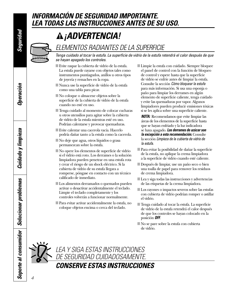 Advertencia, Elementos radiantes de la superficie | GE PP945SMSS User Manual | Page 24 / 40