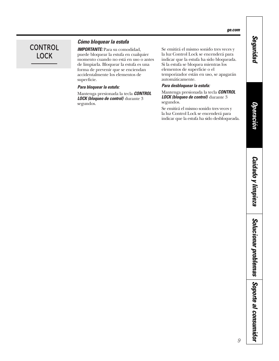 Bloqueo de la estufa, Control lock | GE PP945SMSS User Manual | Page 29 / 40